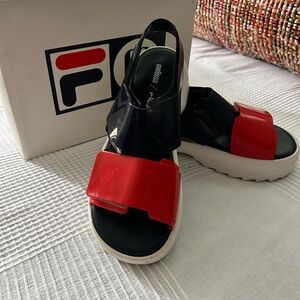 Melissa & FILA collaboration, red and blue with white platform sandals